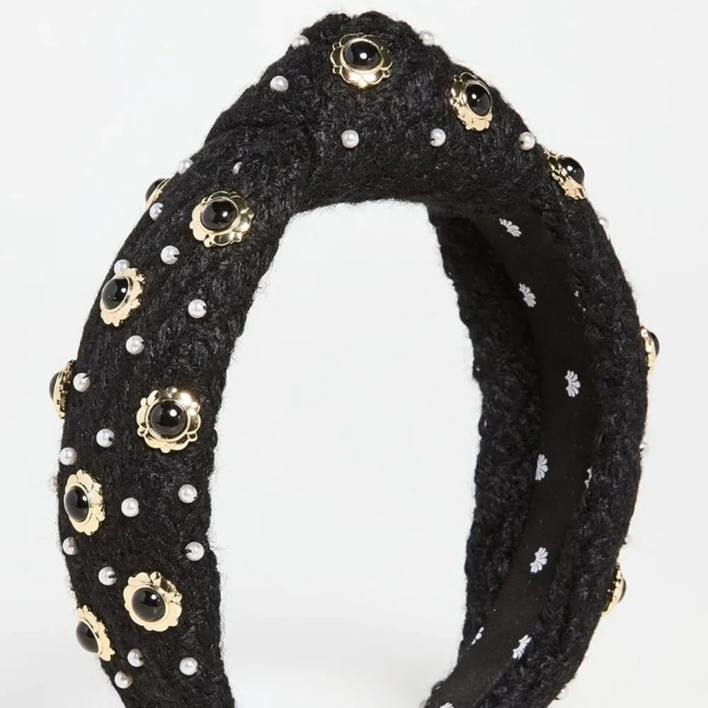 Lele Sadoughi Eva Cabochon Enameled Pearl Stud Tweed Black Knotted Headband